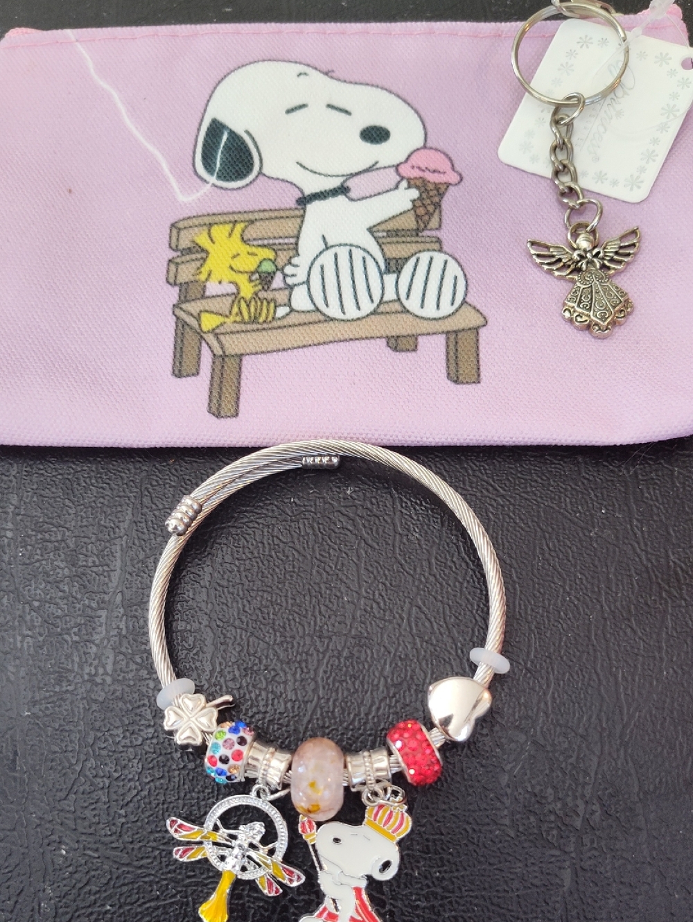 Pink Snoopy Coin Pouch Poly/ Peanuts Bracelet Charms Beads 4 X 6" Twist Wire